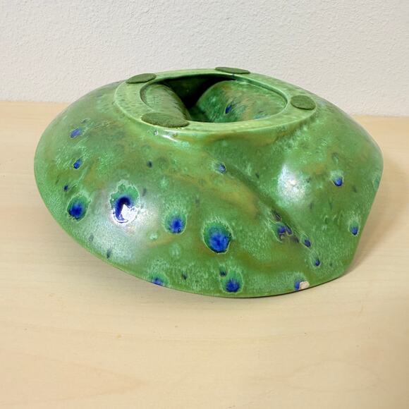 Vintage Large Ceramic Ashtray Green Blue Drip Glaze MCM Lily Pad 9.5" - Picture 5 of 8